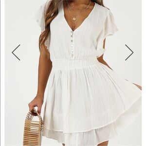 SHOWPO White Flutter Sleeve Tiered Mini Dress - Size 16 / 20 AU